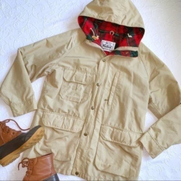 Woolrich Jackets & Blazers - Vintage 80s Woolrich Tan Plaid Flannel Lined Hooded Anorak Utility Jacket Medium
